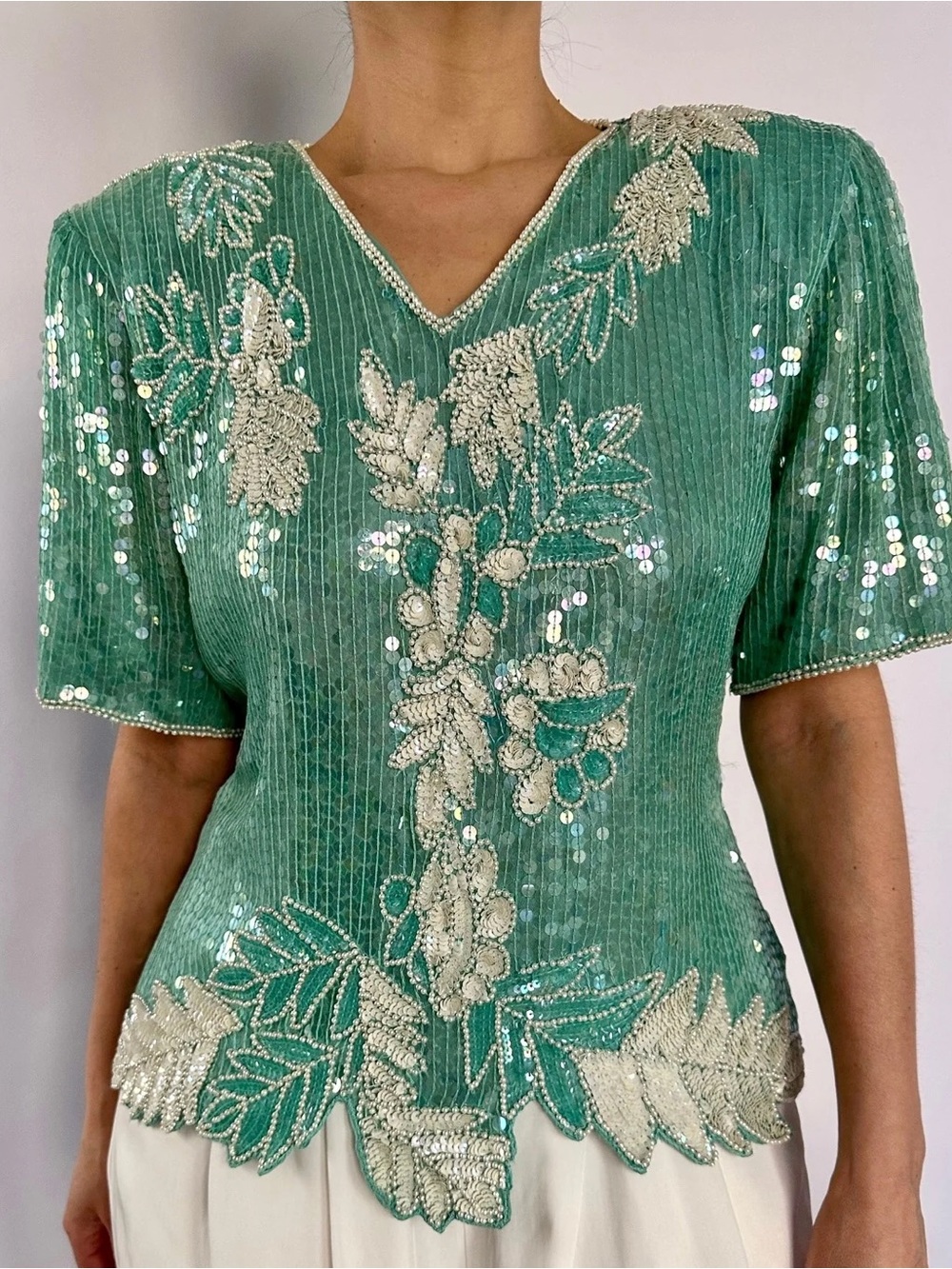 Vintage Stenay Seafoam Silk Beaded Sequin Blouse